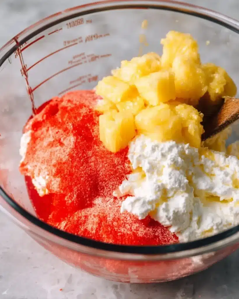 Creamy pink cottage cheese dessert topped with fresh sliced strawberries