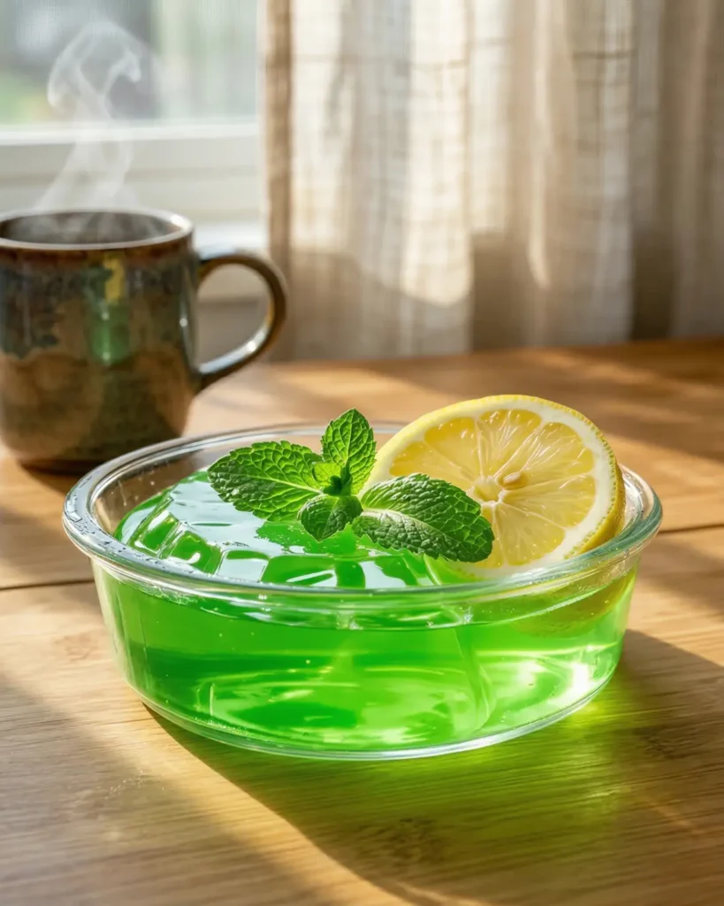 Glass bowl filled with glossy green gelatin cubes topped with fresh mint leaves on a kitchen counter