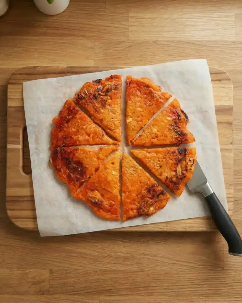 Round savory kimchi pancake sliced into eight pieces on a wooden cutting board