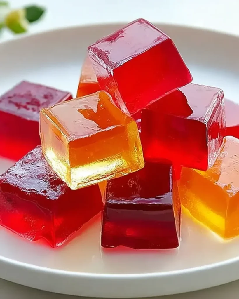 Close up of Knox gelatin recipe cubes in red and amber colors on a white plate