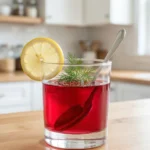 Glass cup filled with Lipojaro Jello Recipe topped with lemon slice and dill in a bright kitchen setting