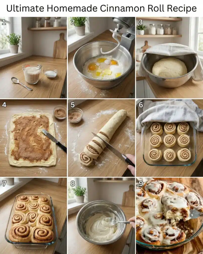 Step by step process of making homemade cinnamon rolls from mixing dough to icing