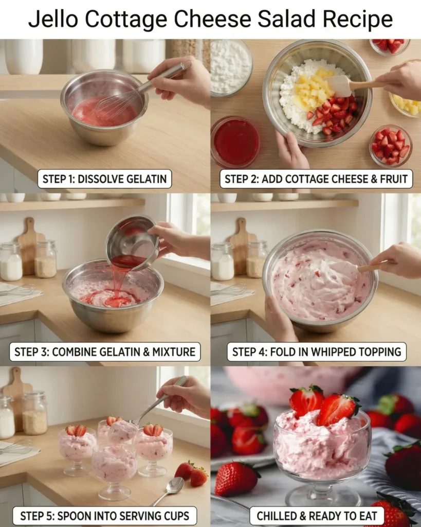 Step by step process of dissolving gelatin and mixing fruit with cottage cheese in a bowl