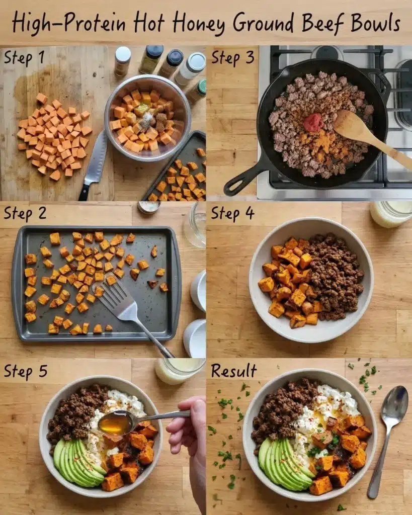 Overhead collage showing step by step preparation of Hot Honey Beef Bowls with roasted sweet potatoes and ground beef in a skillet