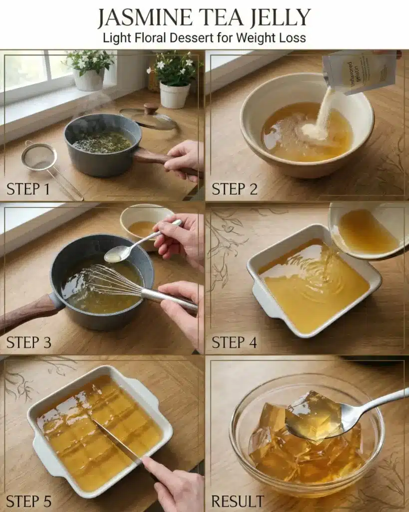 Step by step collage showing tea brewing, mixing gelatin, pouring, and cutting jelly