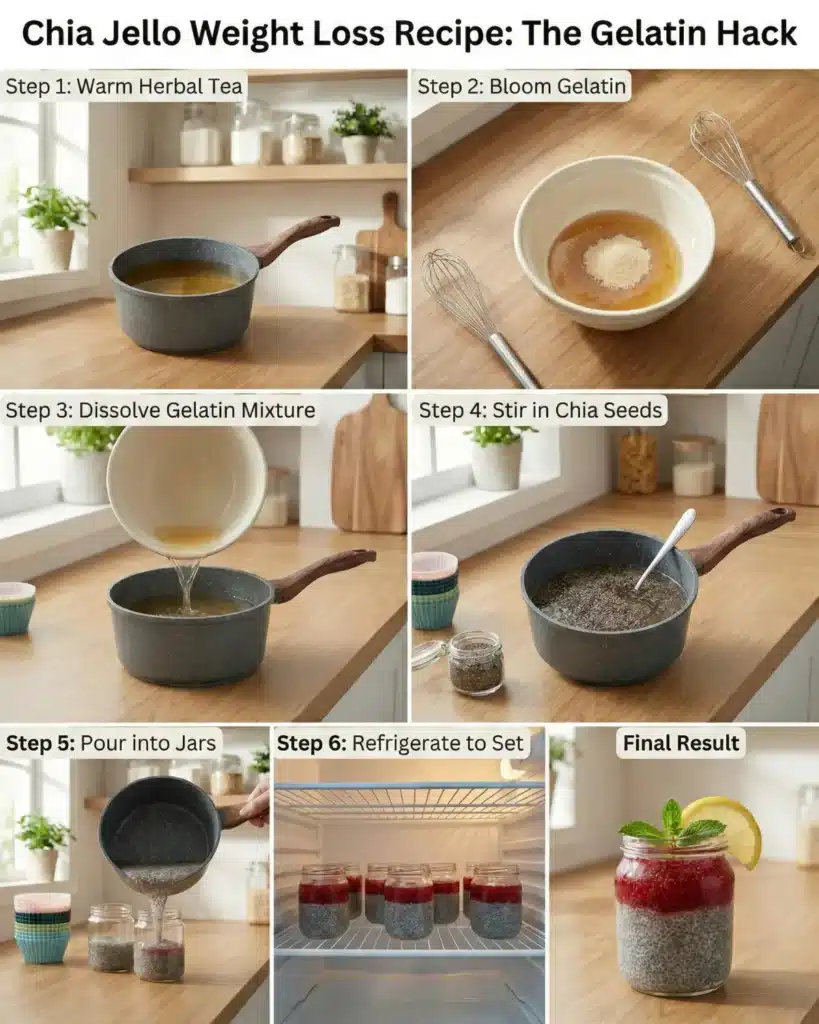 Step by step preparation of chia jello weight loss recipe showing blooming gelatin, stirring chia seeds, and refrigerating jars