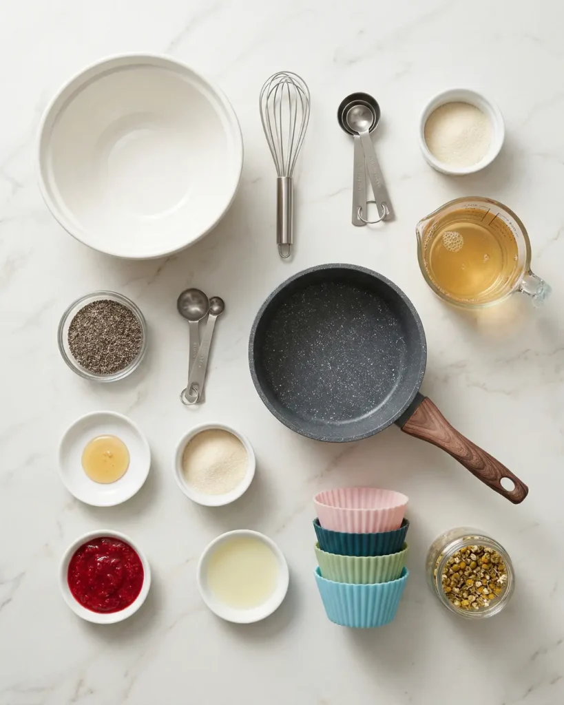 Flat lay of chia seeds, gelatin powder, herbal tea, measuring spoons, whisk, and saucepan on marble surface