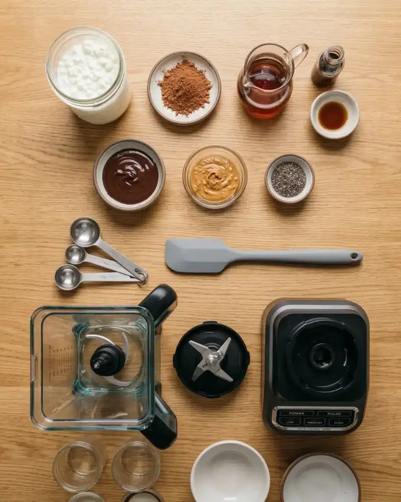 Cottage cheese, cocoa powder, maple syrup and vanilla arranged with blender and kitchen tools on wooden surface