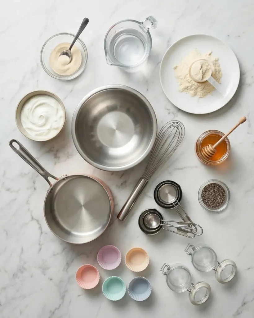 Flat lay of kitchen tools, gelatin powder, yogurt, honey, chia seeds, and mixing bowls on marble surface