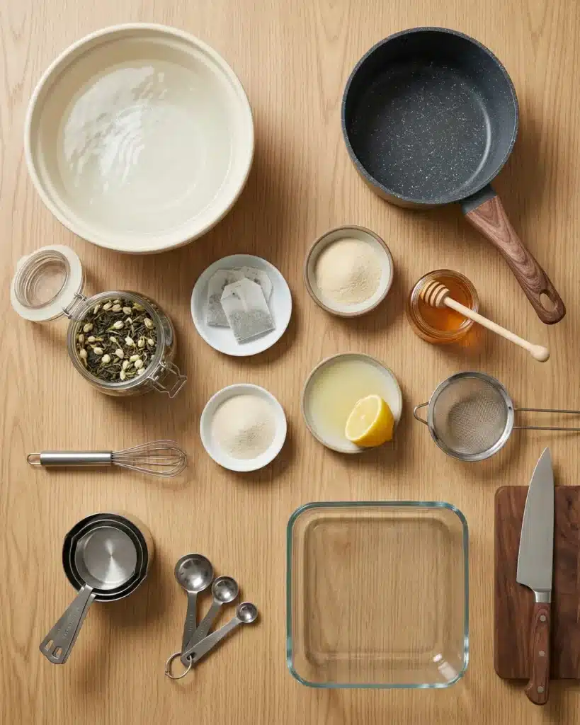 Tea leaves, gelatin powder, honey, lemon, and kitchen tools arranged on wooden counter