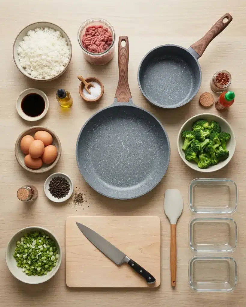 Flat lay of ingredients including rice, ground beef, eggs, broccoli, soy sauce, and cooking tools on a clean surface