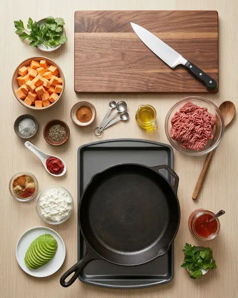 Ingredients arranged on a wooden surface including ground beef, sweet potatoes, avocado, cottage cheese and spices for a healthy beef bowl