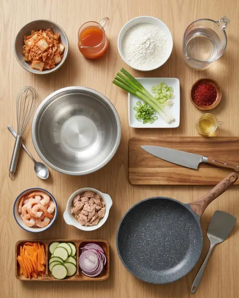 Fresh ingredients arranged on table including kimchi, flour, scallions, shrimp, tuna, vegetables and cooking tools