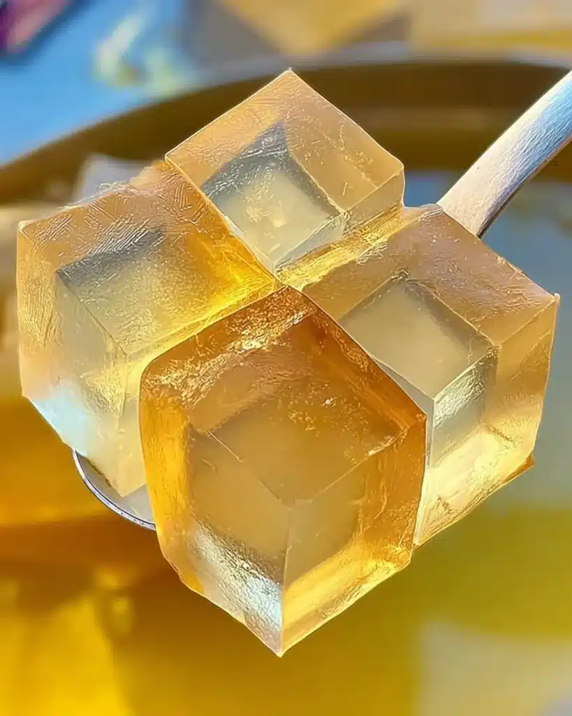 Golden translucent tea jelly cubes resting on a spoon above warm brewed tea