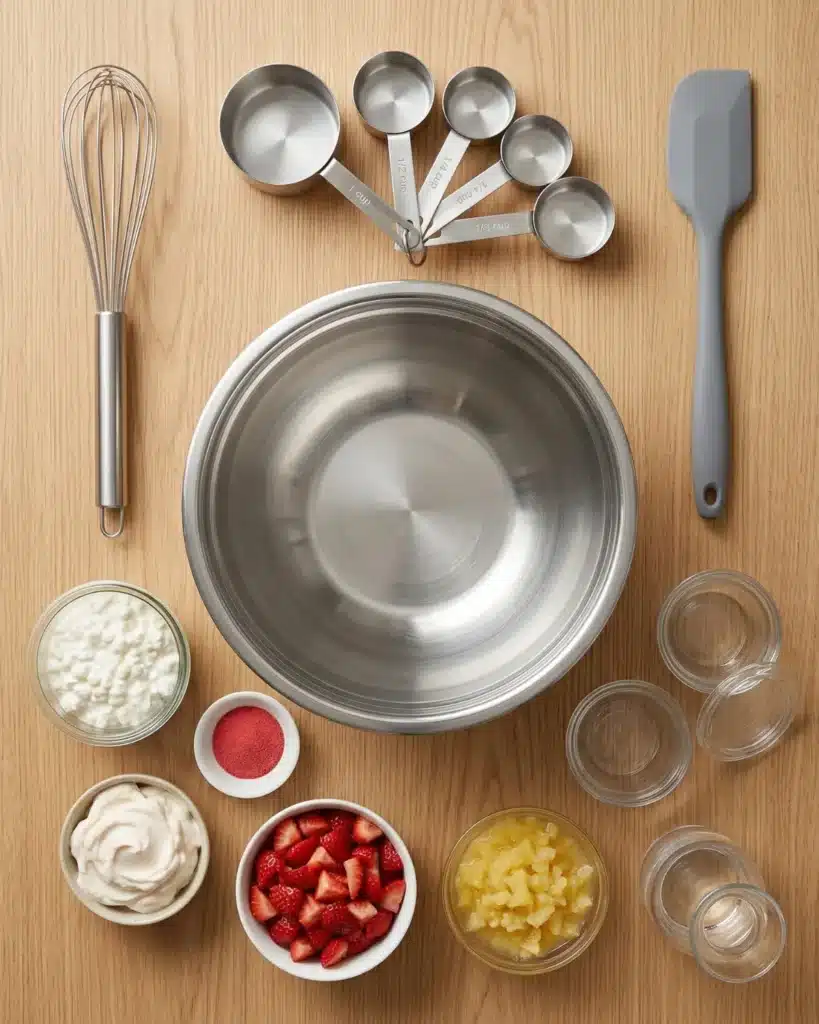 Overhead view of ingredients for jello cottage cheese salad including cottage cheese, strawberries, pineapple, whipped topping, and gelatin powder
