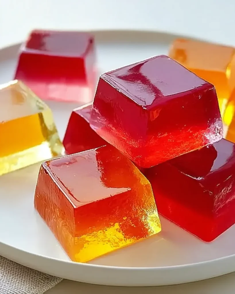 Stacked red and orange Knox gelatin recipe cubes with glossy surface on a white plate