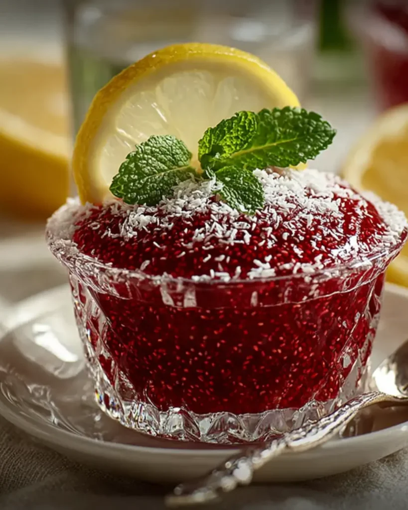Layered chia pudding jar with bright red gelatin topping, fresh mint leaves, and a lemon slice on a marble surface