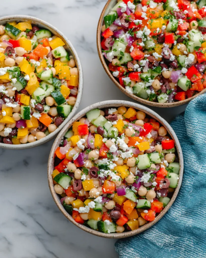 A white bowl filled with chickpeas and chopped vegetables on a dining table