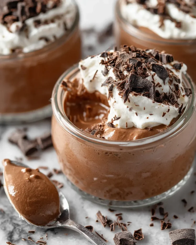 Close up of silky smooth chocolate mousse topped with whipped cream and chocolate shavings in glass jars