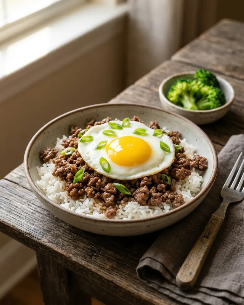 Bowl of white rice topped with seasoned ground beef and a sunny side egg with green onion garnish on a wooden table