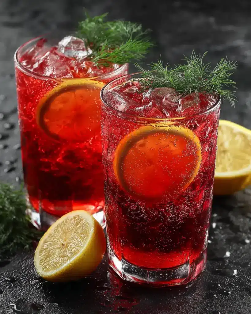 Two glasses of bright red sparkling gelatin drink with lemon slices, ice cubes, and fresh dill on a dark background