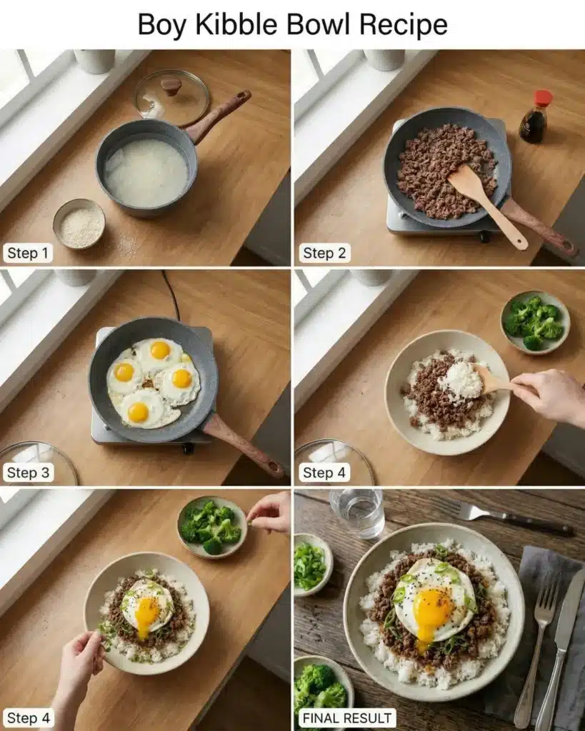 Step by step preparation of a beef rice bowl with eggs including cooking rice, browning beef, frying eggs, and assembling the dish