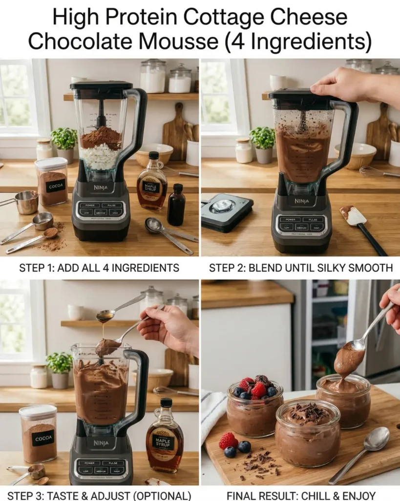Step by step preparation of cottage cheese chocolate mousse from blending to serving