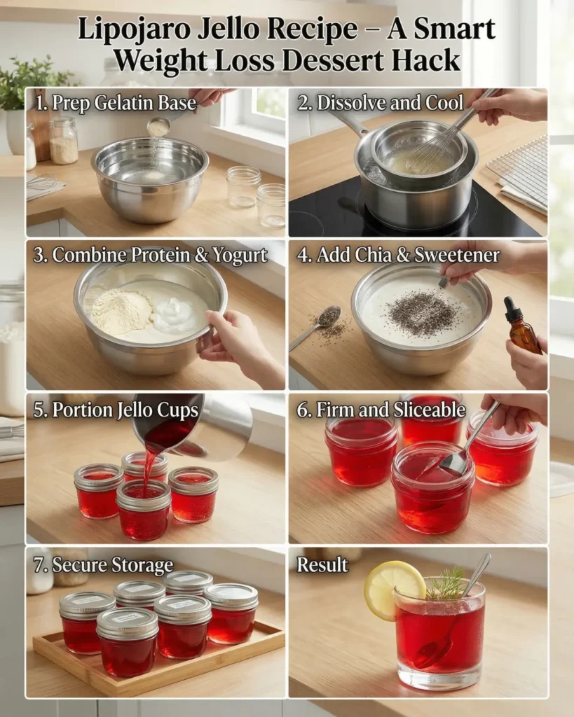 Collage showing step by step preparation of a gelatin dessert including mixing, pouring, and chilling
