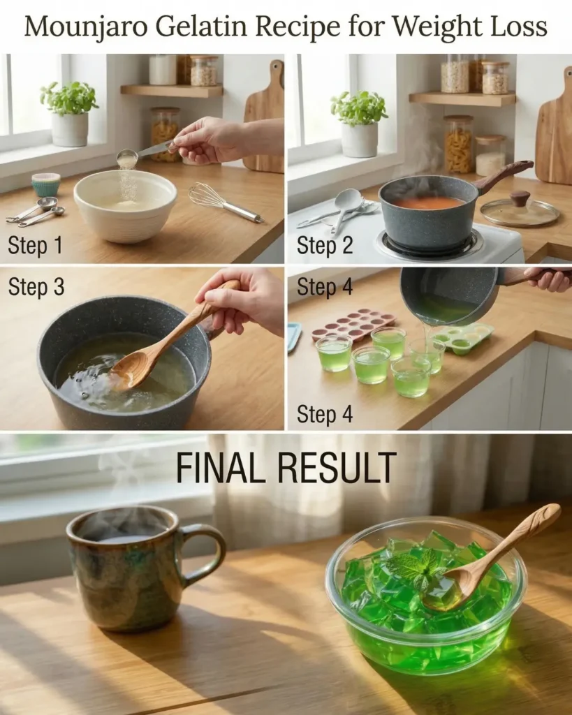 Step by step process of preparing homemade green gelatin dessert from mixing ingredients to pouring into molds