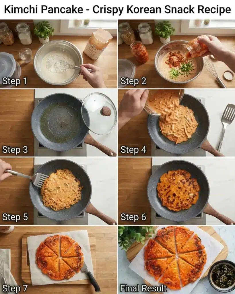 Collage showing step by step process of mixing batter, cooking in skillet, and slicing savory pancake