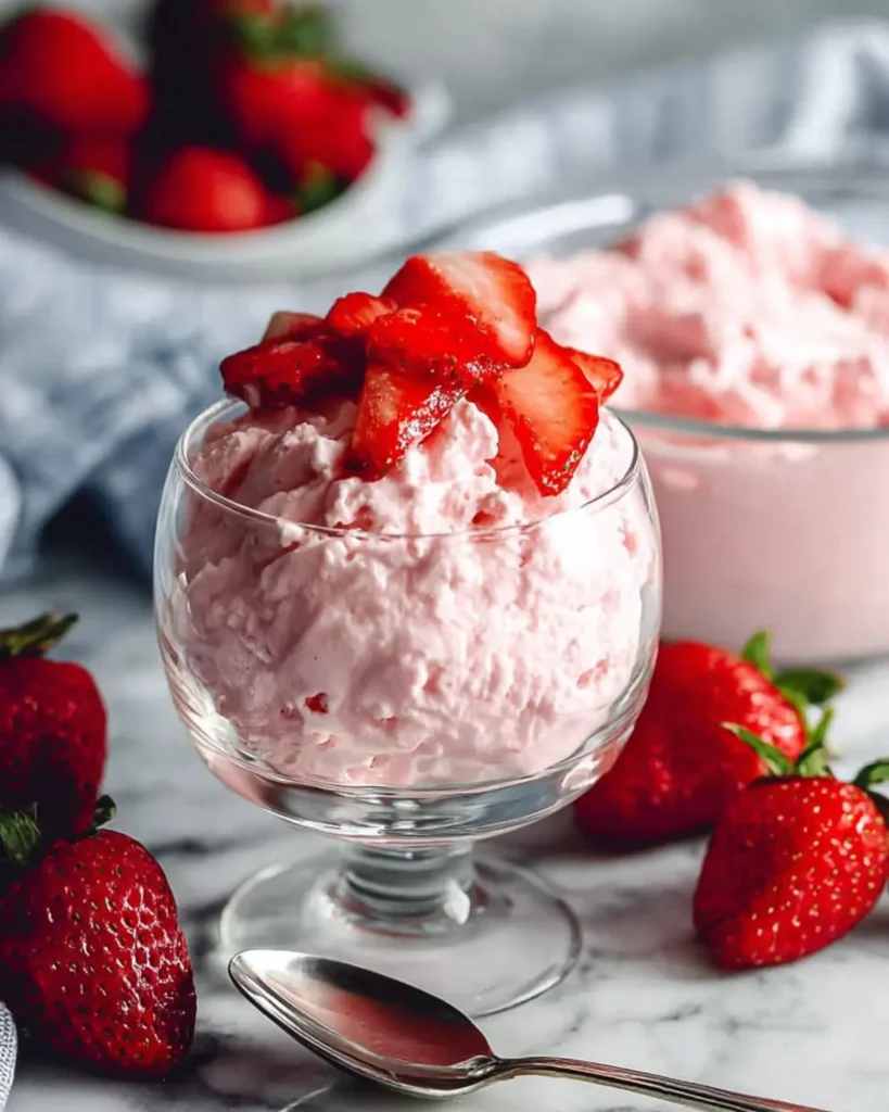 Strawberry jello cottage cheese salad served in clear glass dessert cups with fresh berries