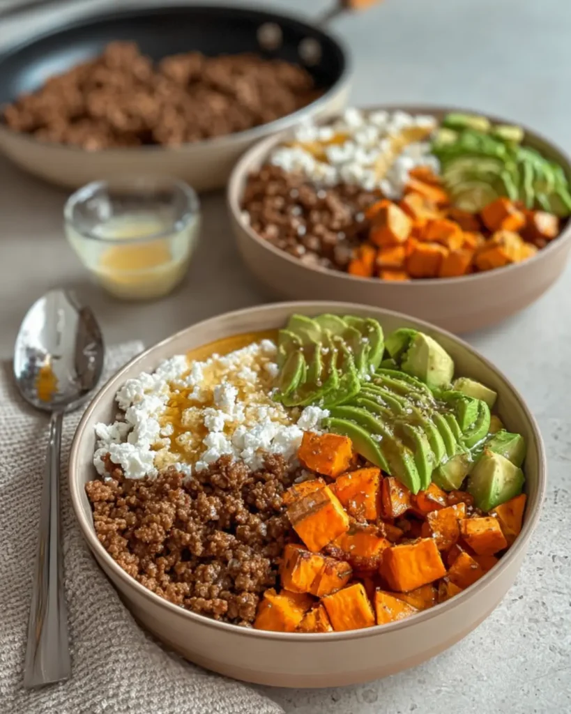 Close up of sweet and spicy beef bowl with avocado slices and honey drizzle