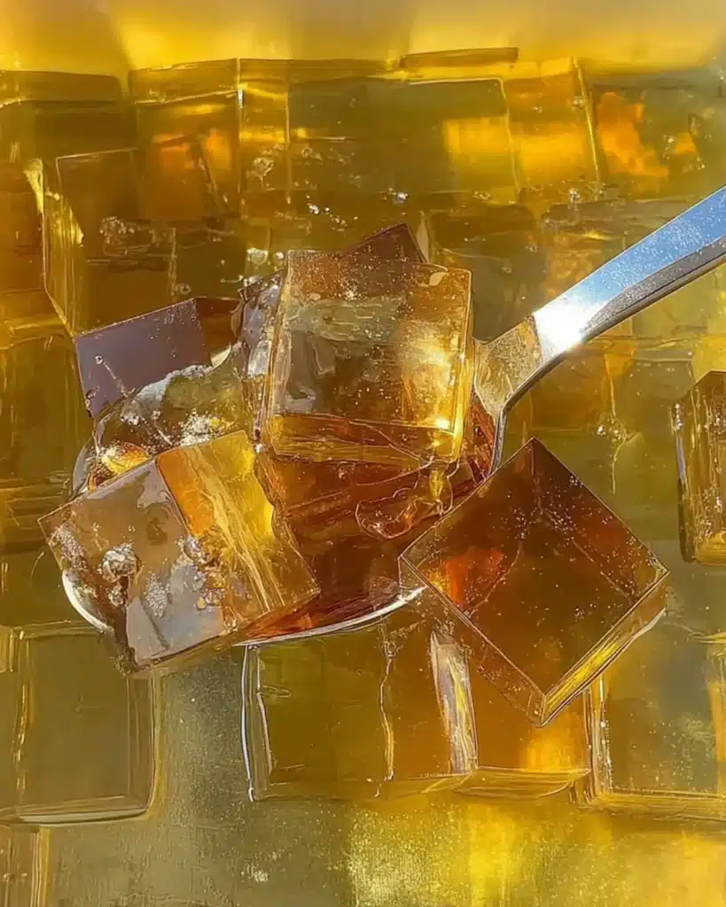 Amber tea jelly cubes scooped from a glass container