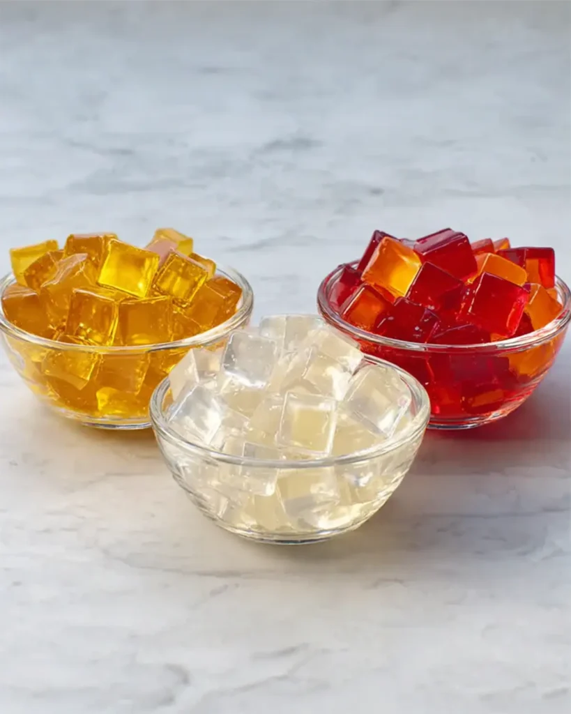 Three glass bowls filled with yellow clear and red gelatin cubes on a marble surface