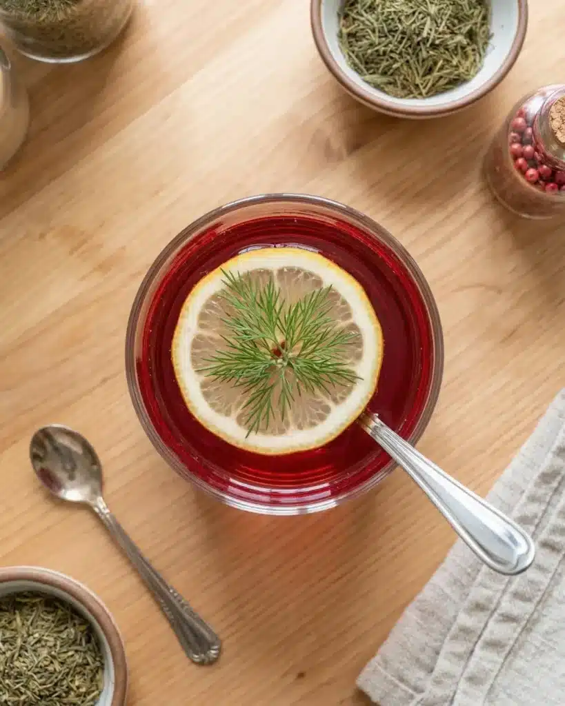 Overhead view of red gelatin dessert with lemon slice and herbs in a glass on a wooden table