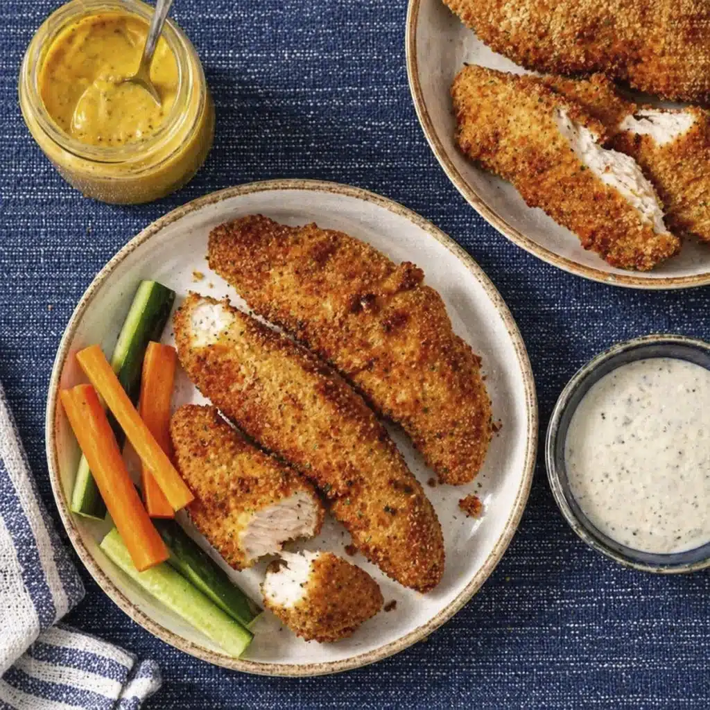 Crispy Air Fryer Chicken Tenders served with dipping sauces and fresh vegetable sticks