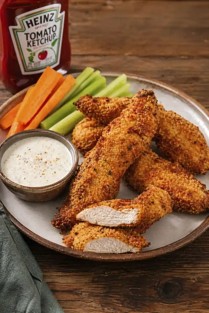 Plated Air Fryer Chicken Tenders served with dipping sauce, ketchup, and fresh vegetables