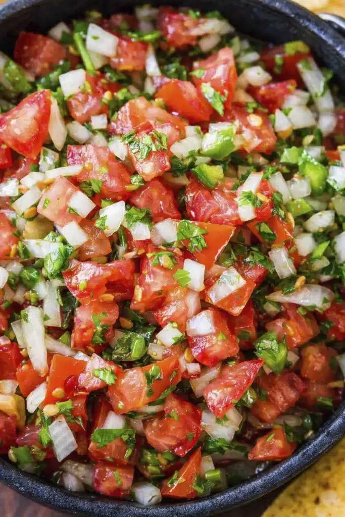 chunky authentic pico de gallo close up with diced tomatoes onion cilantro and jalapeno