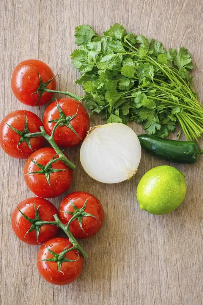 fresh pico de gallo ingredients tomatoes onion cilantro jalapeno lime on wooden surface