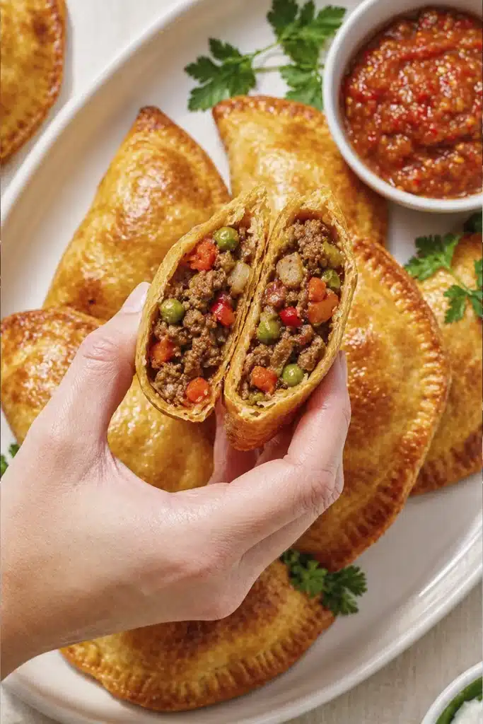 Close up of homemade baked beef empanadas showing rich beef and vegetable filling