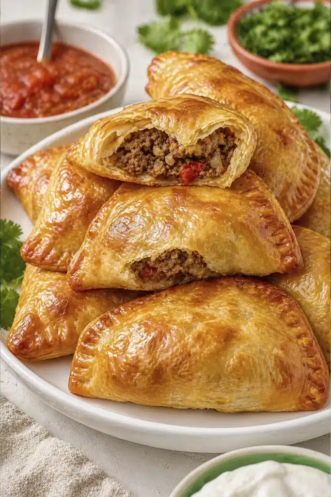 Easy baked beef empanadas stacked on plate with flaky crust and juicy beef filling