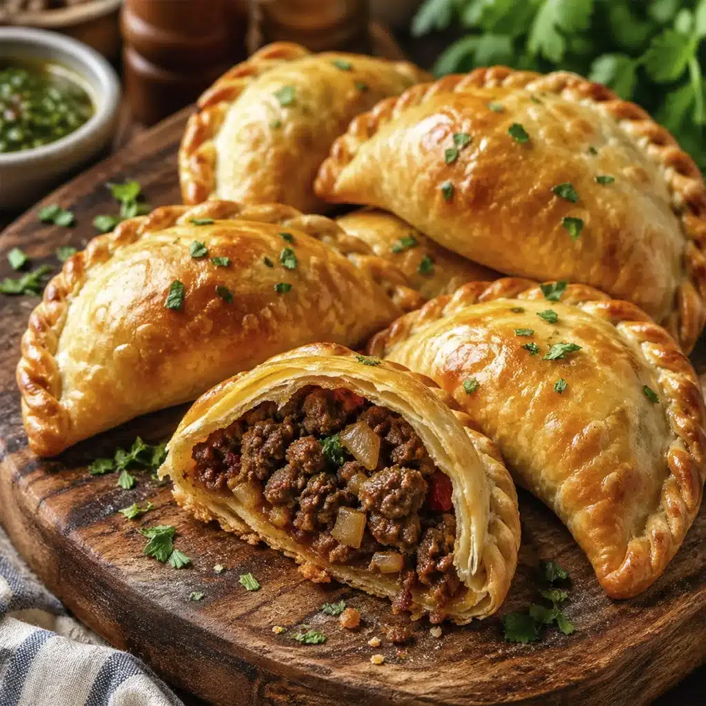 Baked beef empanadas with golden crispy crust and savory ground beef filling on wooden board