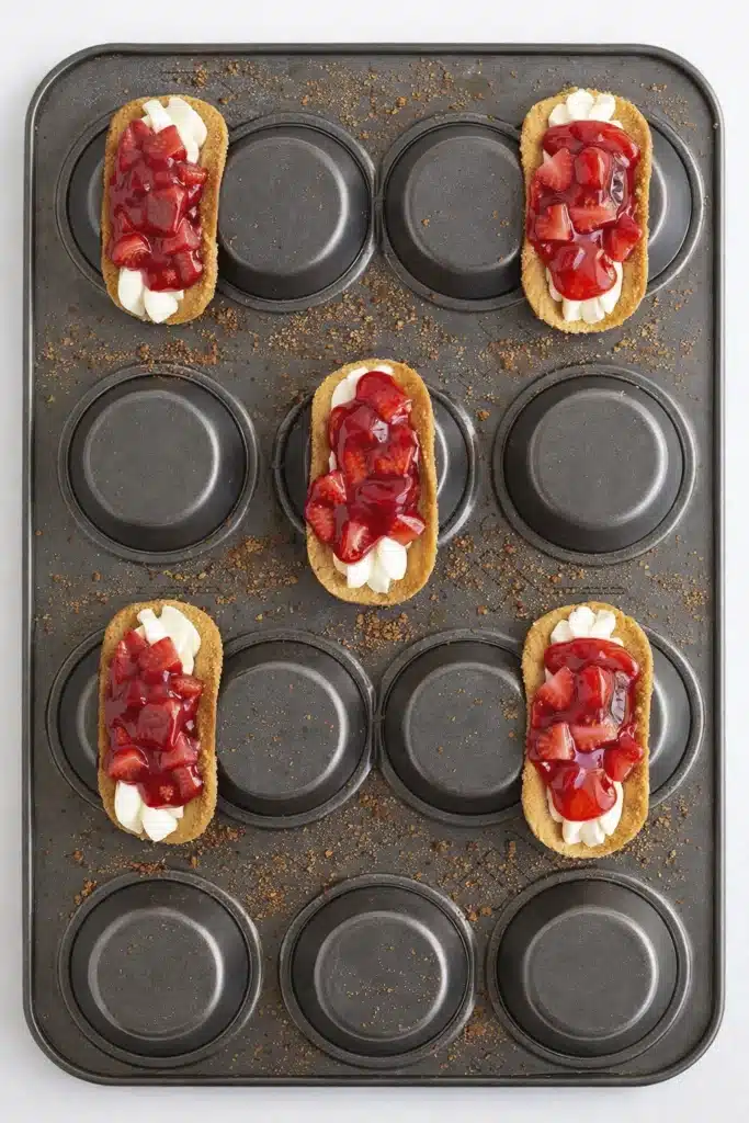 cheesecake taco shells shaped in muffin tin filled with cream cheese filling and strawberry topping