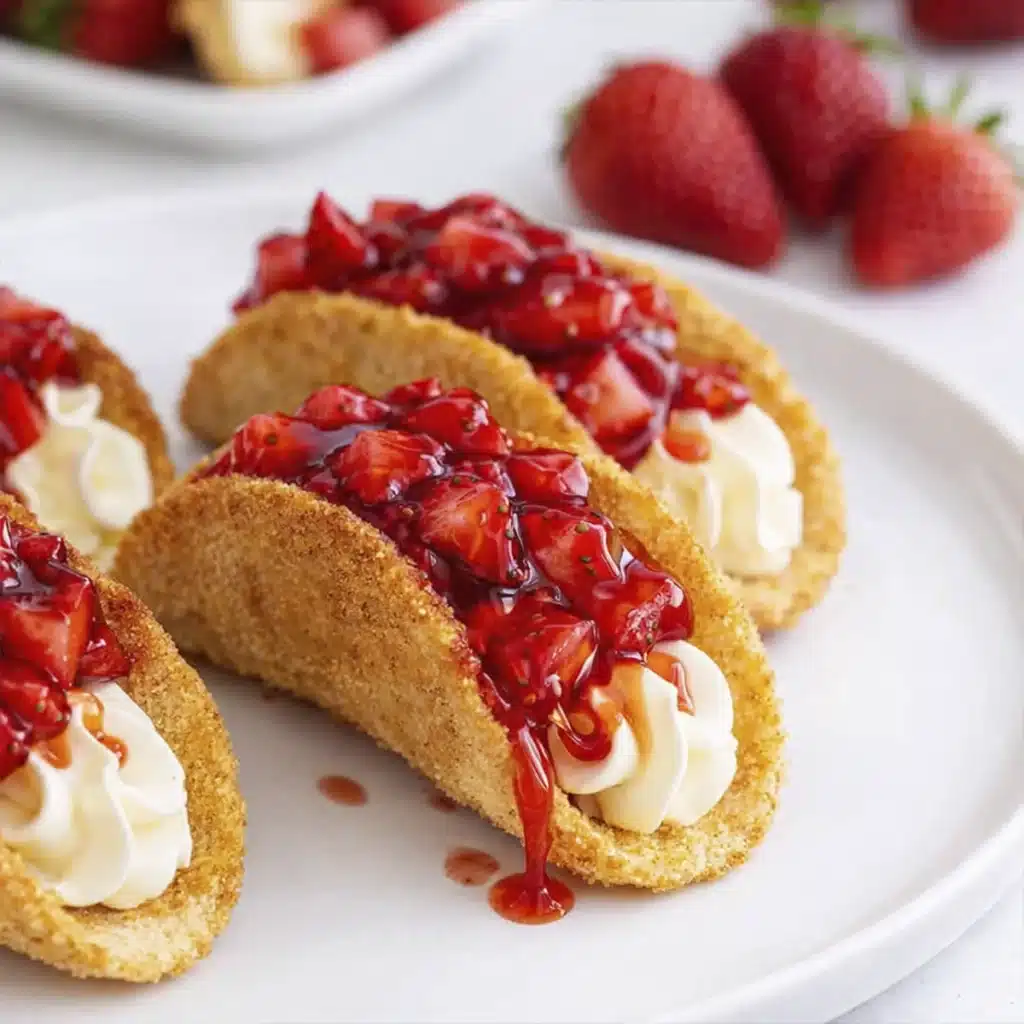 plated cheesecake tacos with creamy filling and strawberry topping on white serving dish