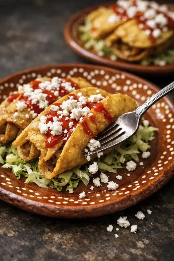 Close up of crispy potato tacos with melted cheese, red sauce, and crumbled queso fresco on a plate