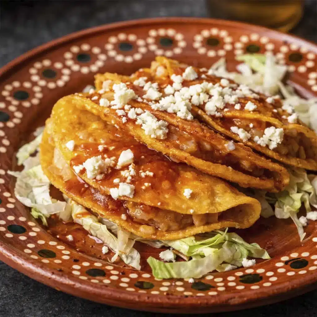Cheesy potato tacos with crispy corn tortillas topped with tomato sauce, queso fresco, and shredded lettuce