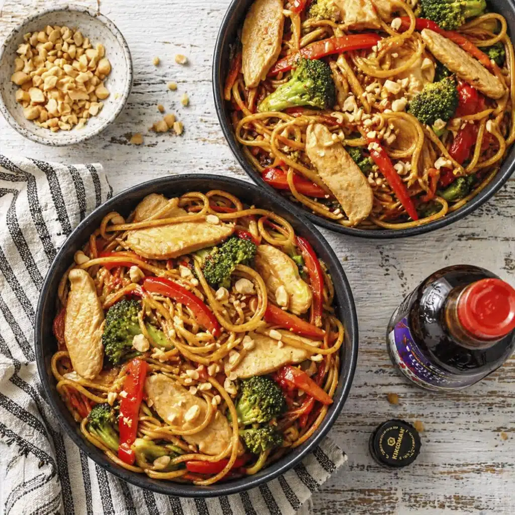 Chicken Lo Mein stir fry with chicken, noodles, broccoli, and bell peppers in a savory sauce