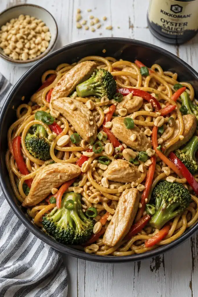 Homemade Chicken Lo Mein noodles with chicken, broccoli, and carrots topped with chopped peanuts