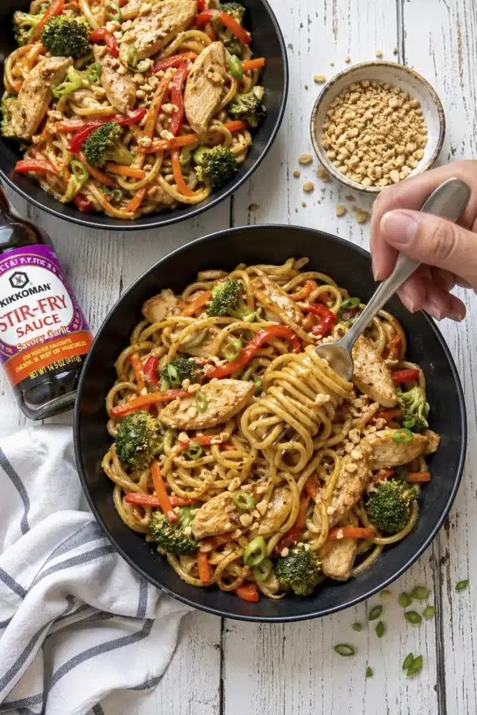 Easy Chicken Lo Mein recipe with stir fried noodles, chicken strips, broccoli, and bell peppers