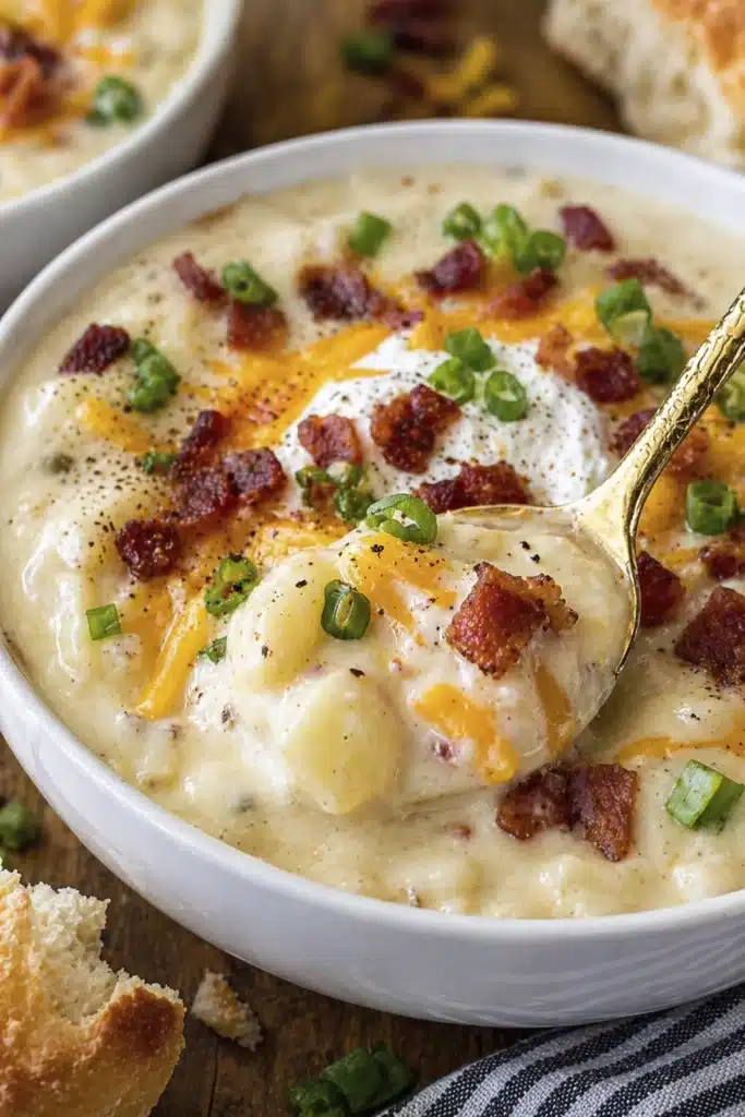 Close up of creamy potato soup with cheese and beef bacon scooped with a spoon showing thick texture